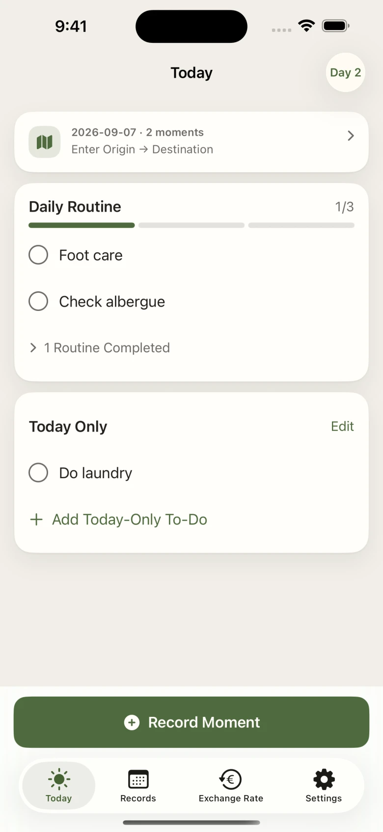 Actual Camino Pocket app screen · Today