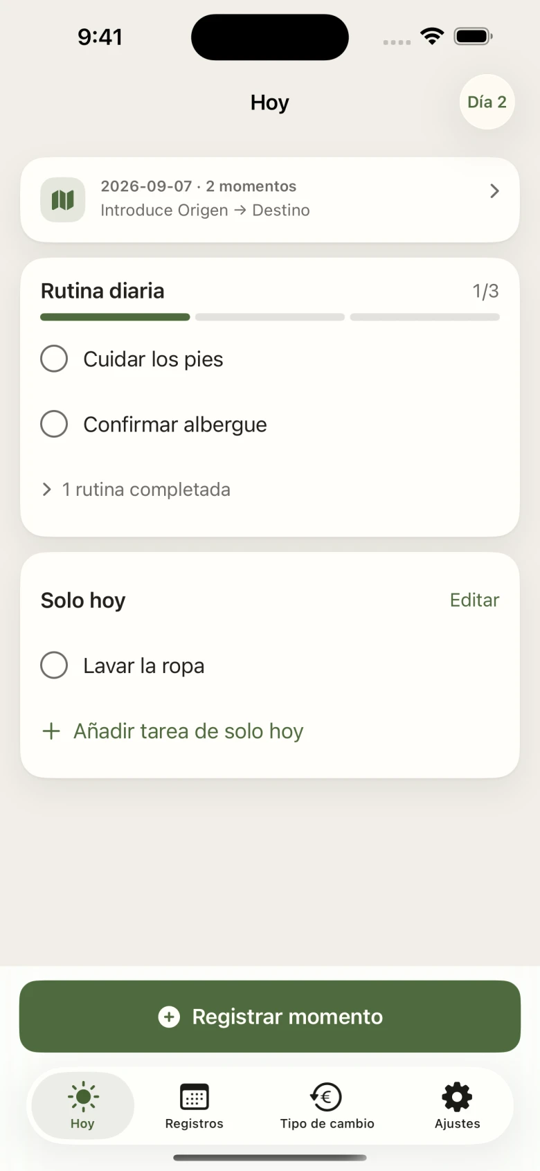 Pantalla real de Camino Pocket · Hoy