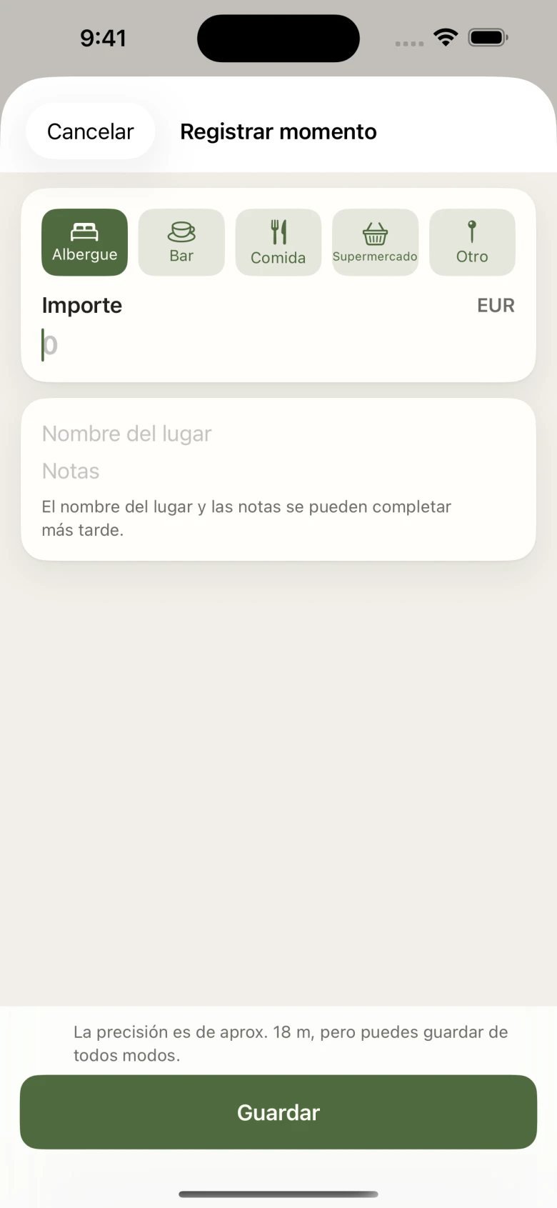 Pantalla real de Camino Pocket · Momentos