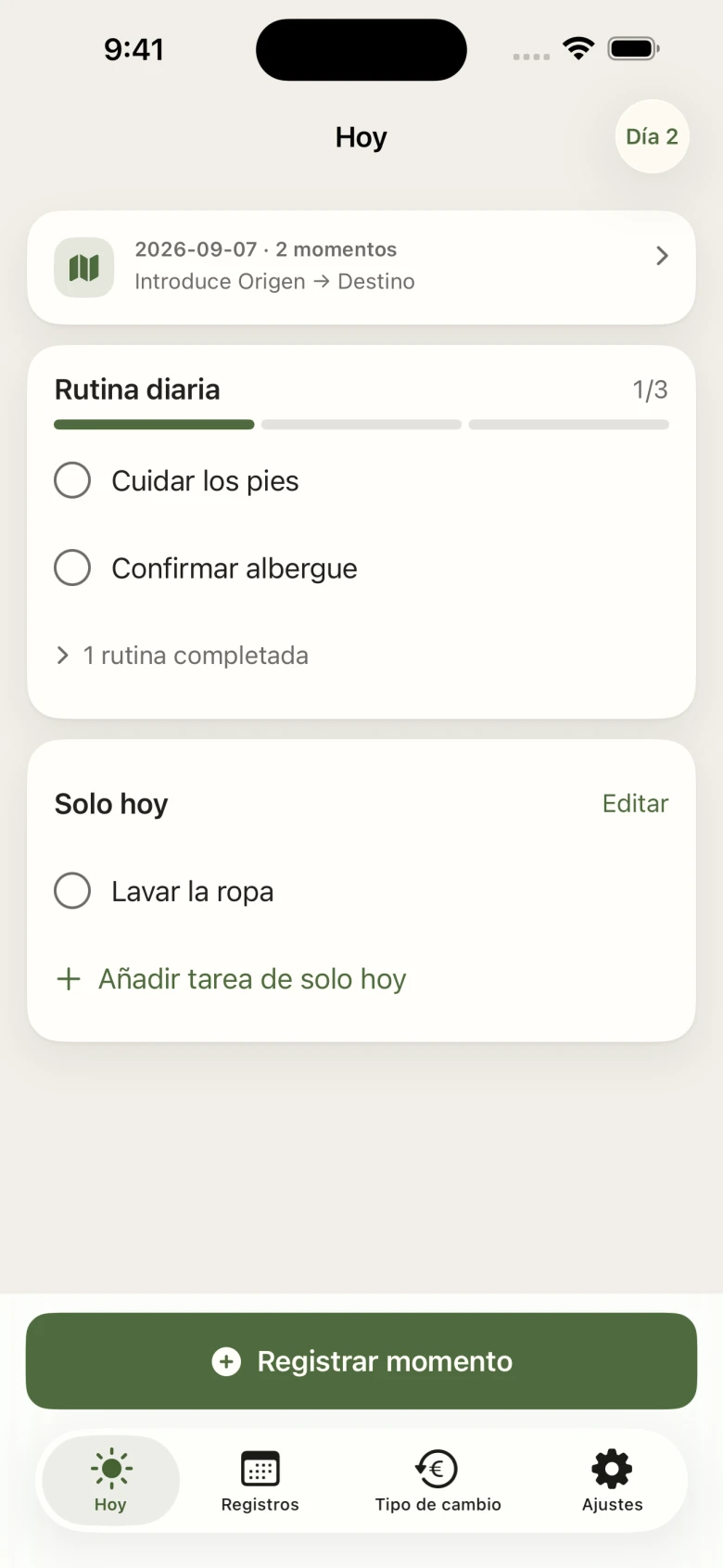 Pantalla real de Camino Pocket · Rutina