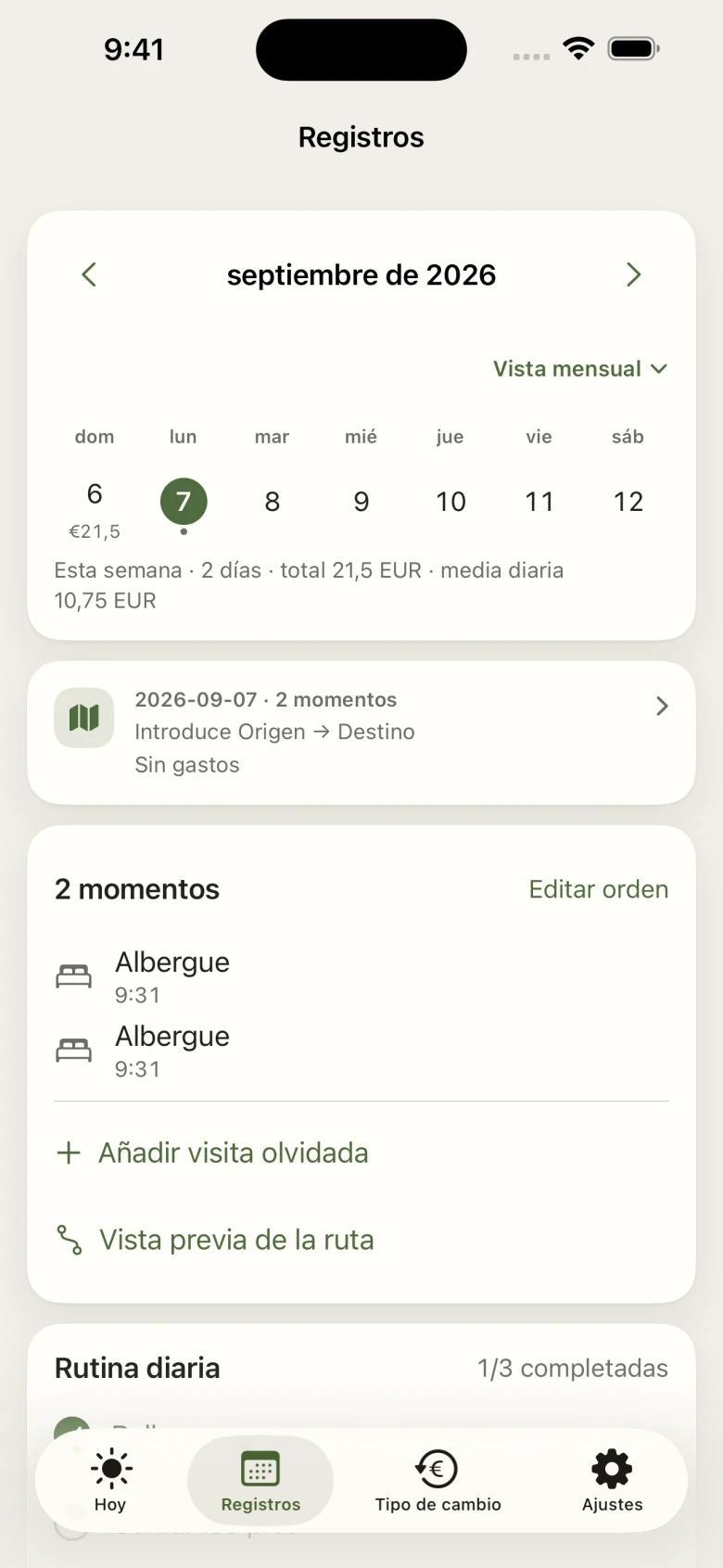 Pantalla real de Camino Pocket · Registros